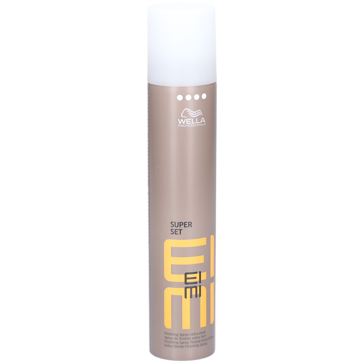 Haarspray-Dose mit weißem Deckel. Aufschrift: EIMI, SUPER SET, Wella.