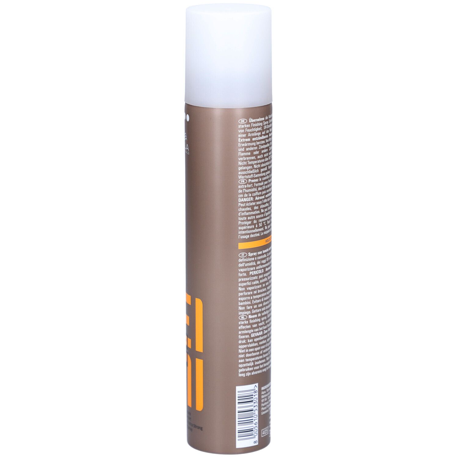 Haarspray-Dose, seitliche Ansicht. Text in mehreren Sprachen. Barcode.