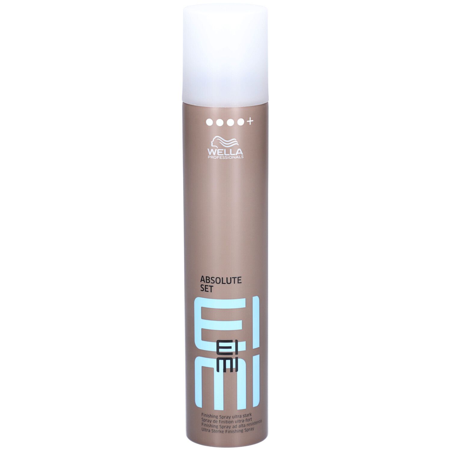 Haarspray-Flasche. Zylindrisch, braun mit weißem Deckel. Aufschrift: EIMI, ABSOLUTE SET. Marke: Wella.