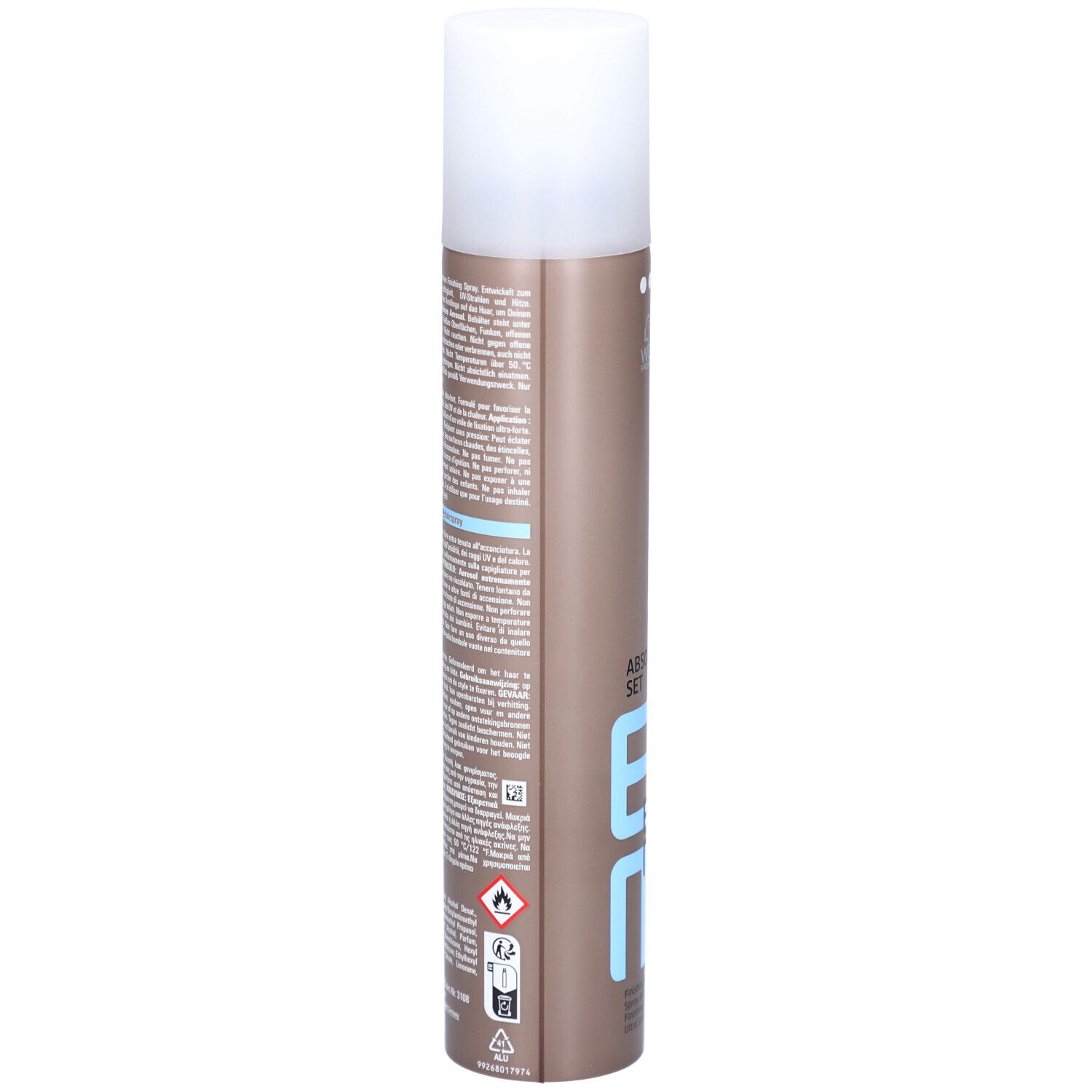 Haarspray-Flasche. Rückseite mit Text. Zylindrisch, braun mit weißem Deckel. Marke: Wella.