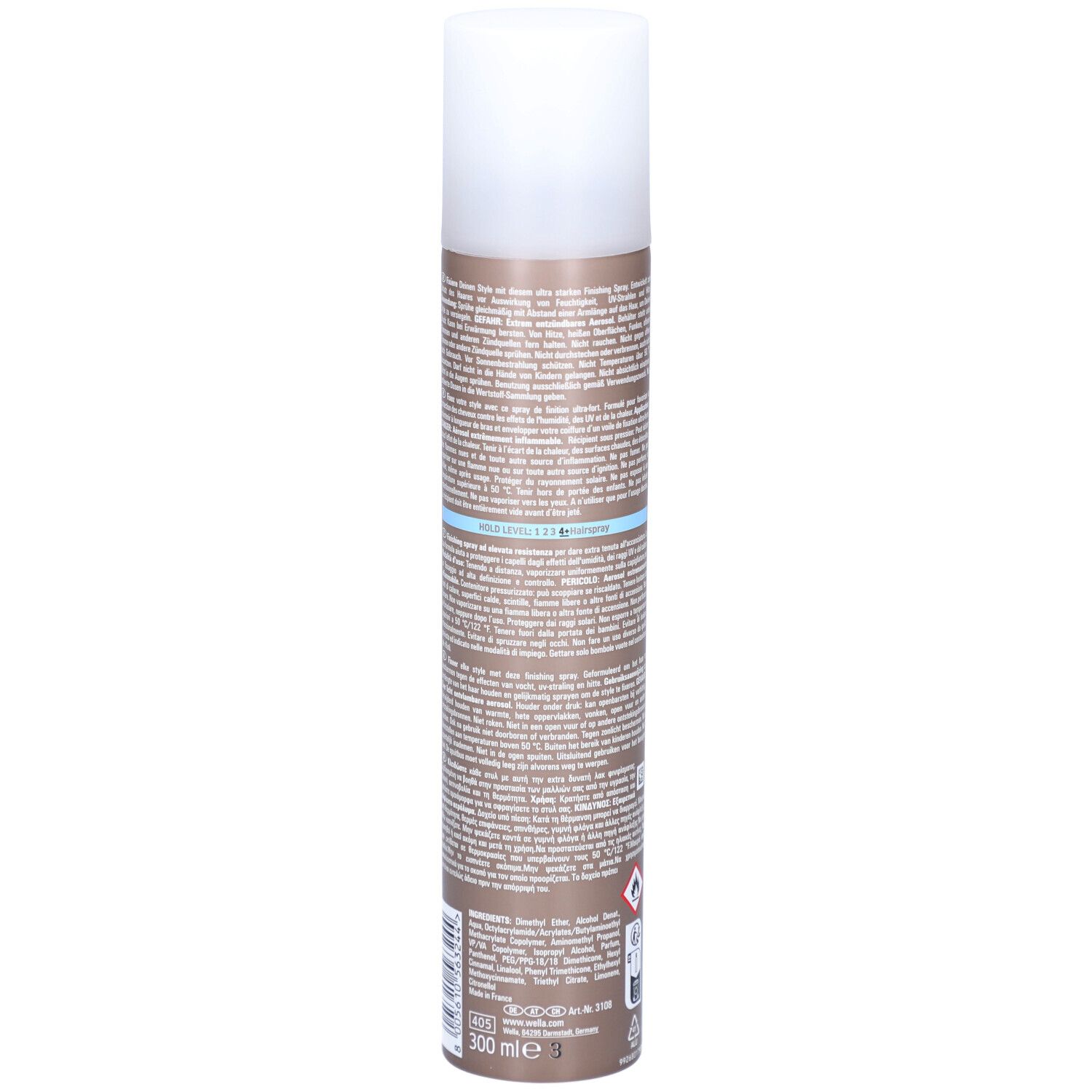 Haarspray-Flasche. Rückseite mit Text. Zylindrisch, braun mit weißem Deckel. Marke: Wella.