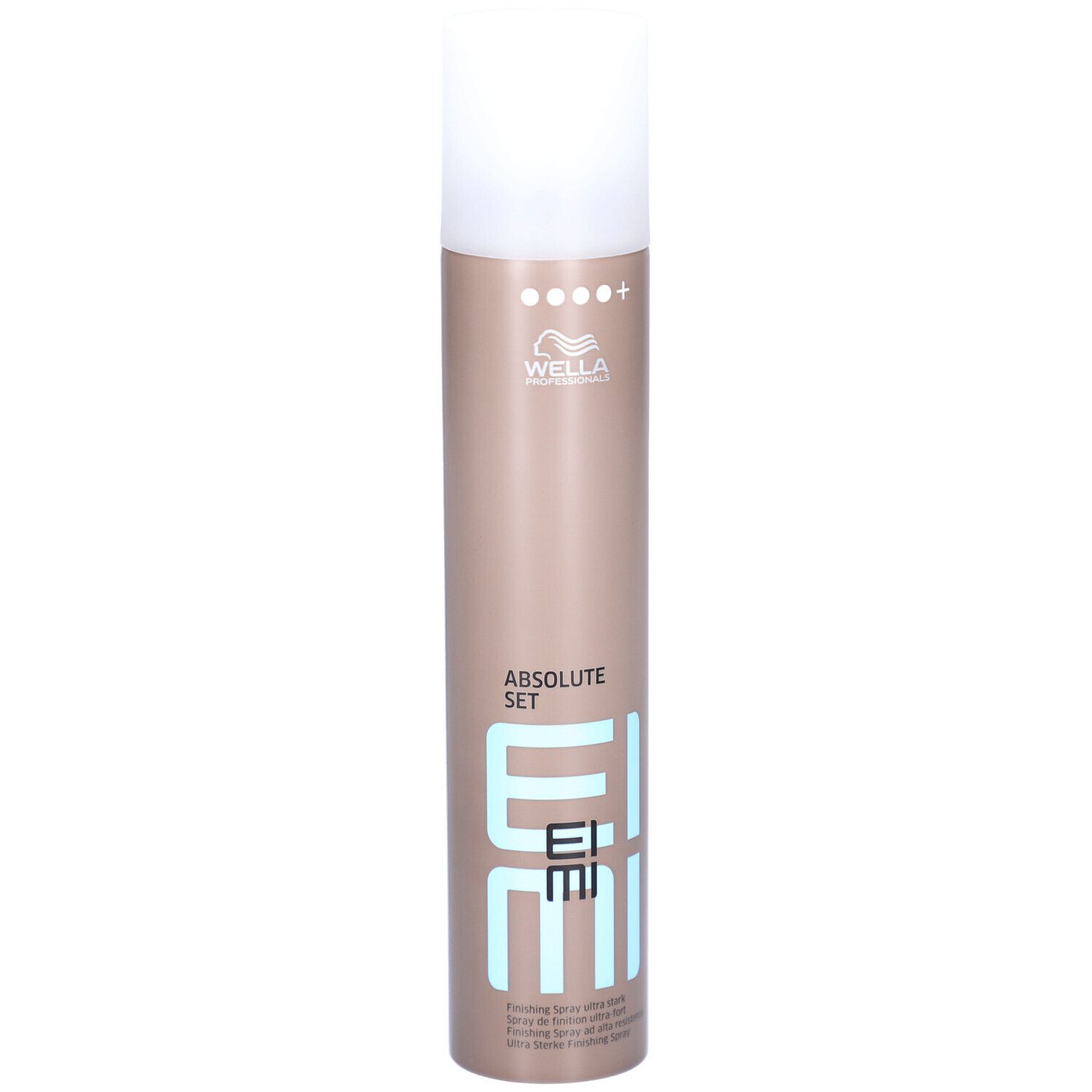 Haarspray-Flasche. Zylindrisch, braun mit weißem Deckel. Aufschrift: EIMI, ABSOLUTE SET. Marke: Wella.