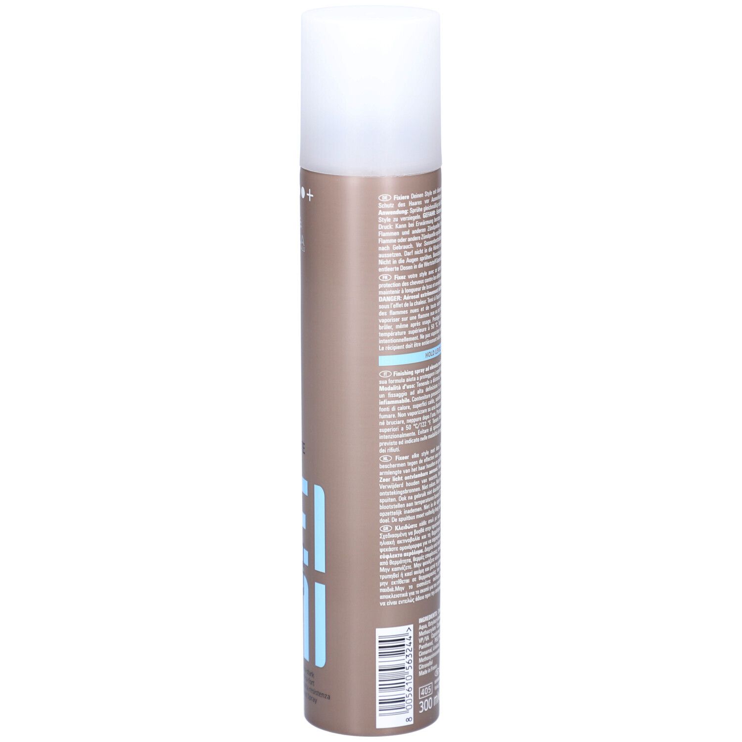 Haarspray-Flasche. Rückseite mit Text. Zylindrisch, braun mit weißem Deckel. Marke: Wella.