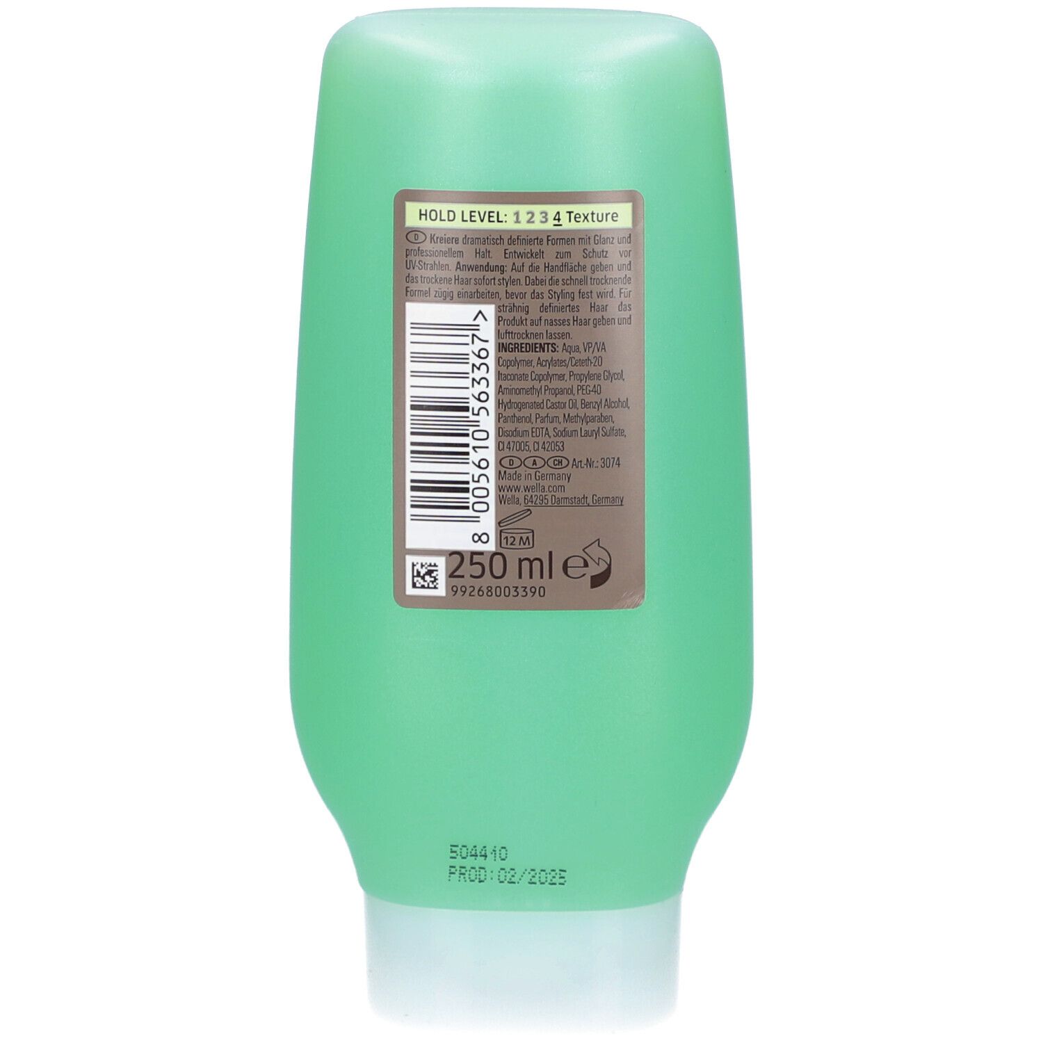 Dos du flacon vert. Étiquette marron avec texte et code-barres. Texte: HOLD LEVEL 1 2 3 Texture. 250 ml.