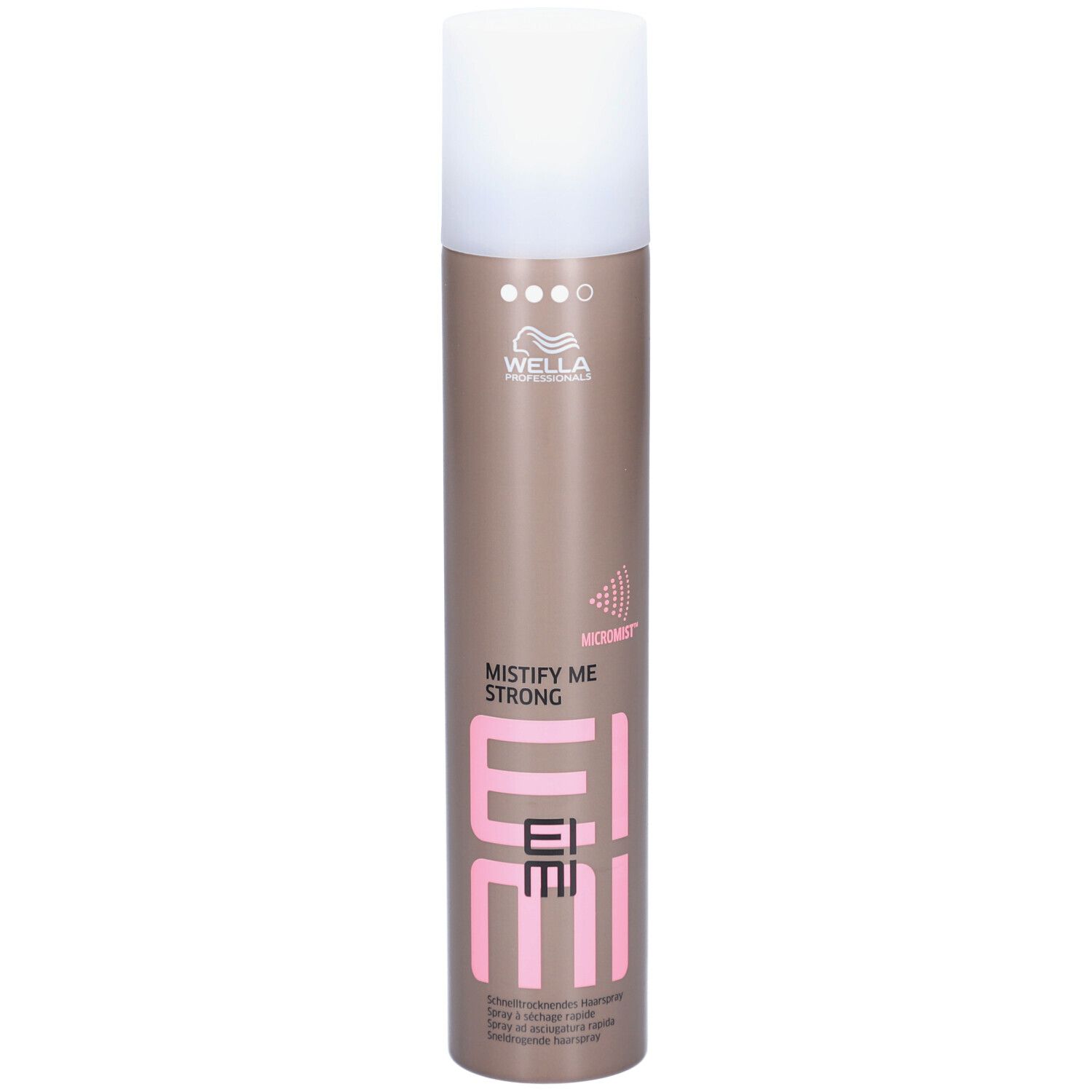 Bombe de laque pour cheveux avec bouchon blanc. Inscription: EIMI, MISTIFY ME STRONG, Wella. Bombe marron avec texte rose.