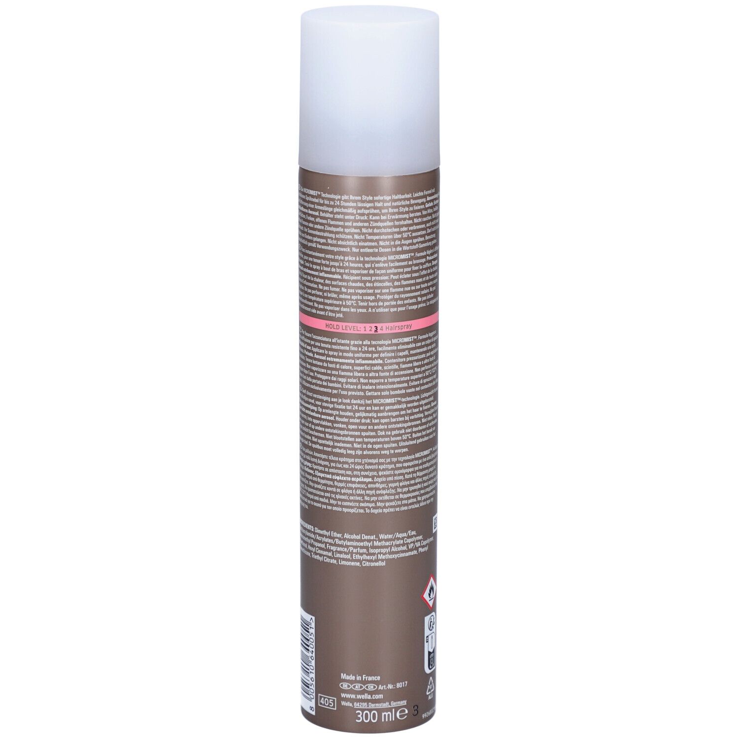 Dos de la bombe de laque. Texte en plusieurs langues. Bombe marron avec bouchon blanc. Indication de volume: 300 ml.