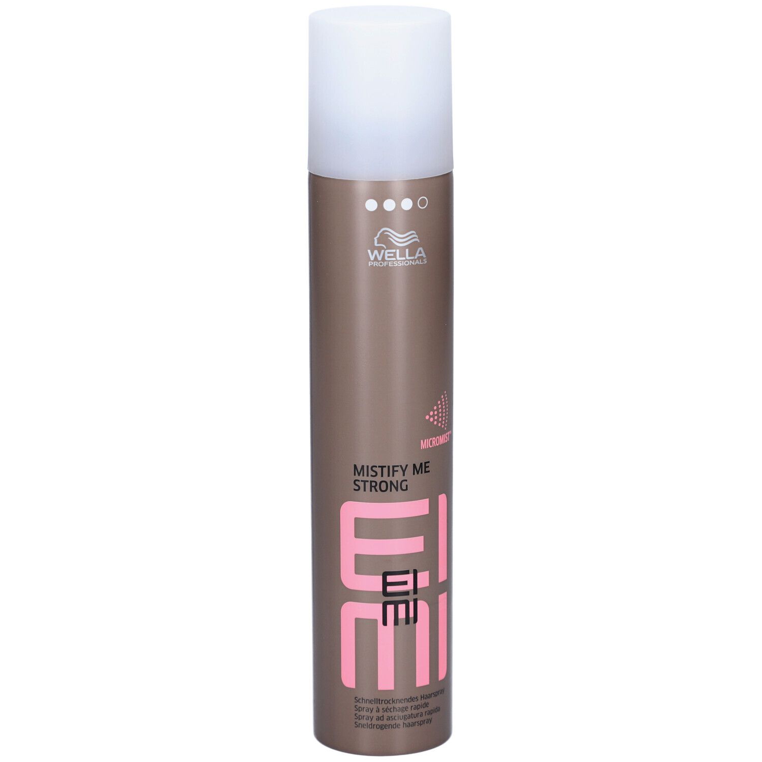 Bombe de laque pour cheveux avec bouchon blanc. Inscription: EIMI, MISTIFY ME STRONG, Wella. Bombe marron avec texte rose.