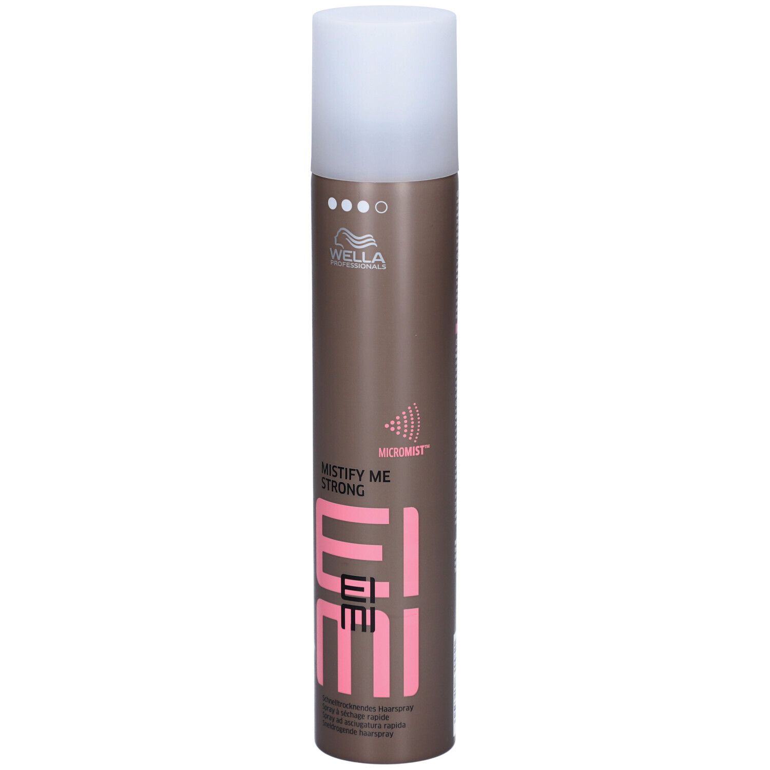 Bombe de laque pour cheveux avec bouchon blanc. Inscription: EIMI, MISTIFY ME STRONG, Wella. Bombe marron avec texte rose.