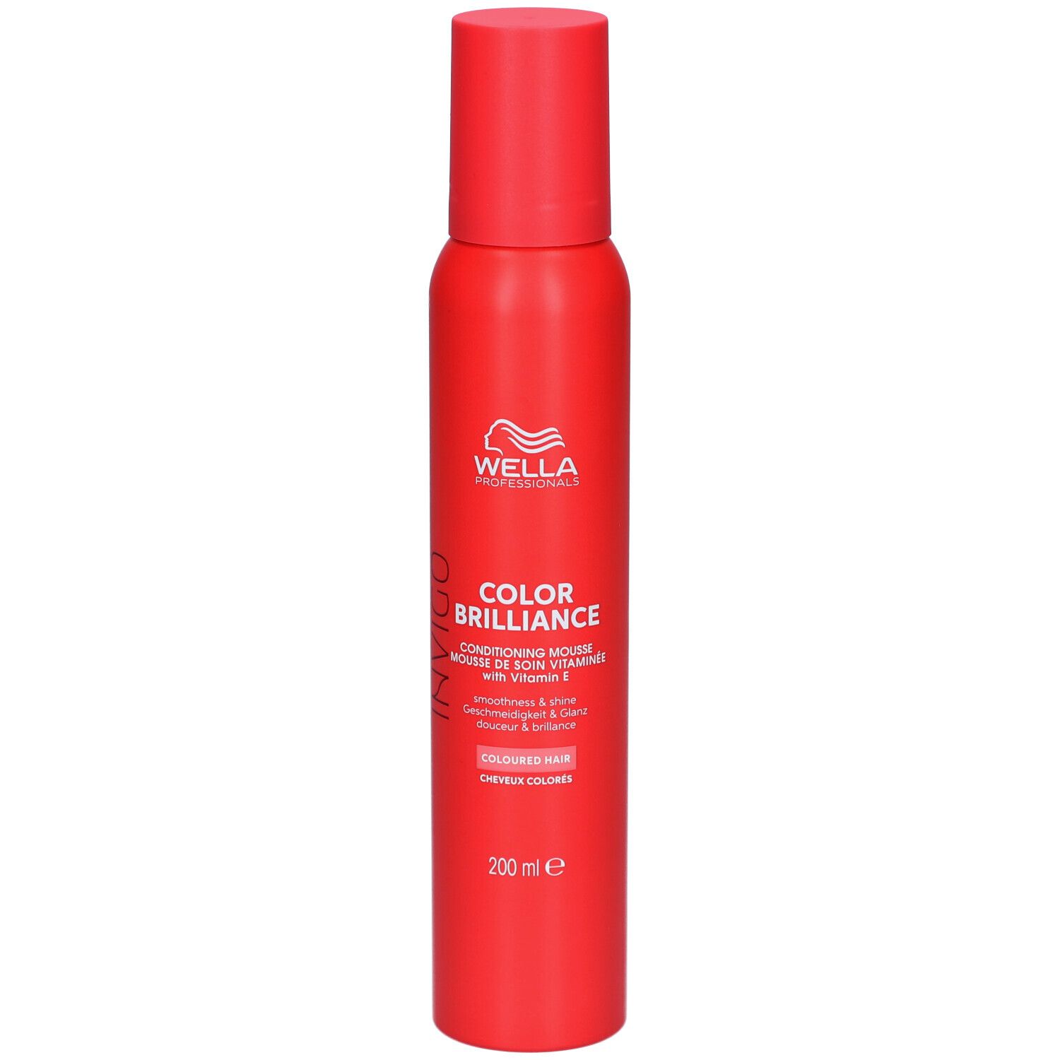 Rote Sprühflasche mit weißem Etikett. Aufschrift: Wella, Color Brilliance, Conditioning Mousse, für coloriertes Haar. 200 ml.