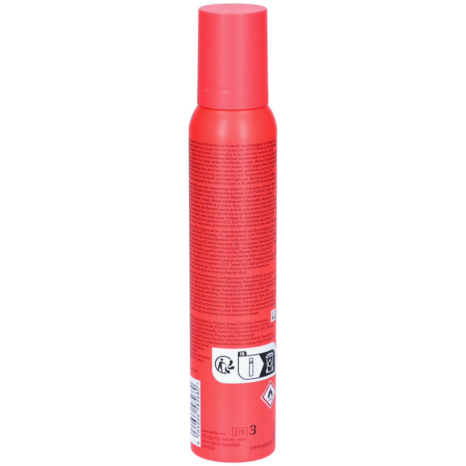 Rote Sprühflasche, Rückseite. Text in kleiner Schrift, Warnhinweise und Piktogramme. Enthält Informationen zur Anwendung.