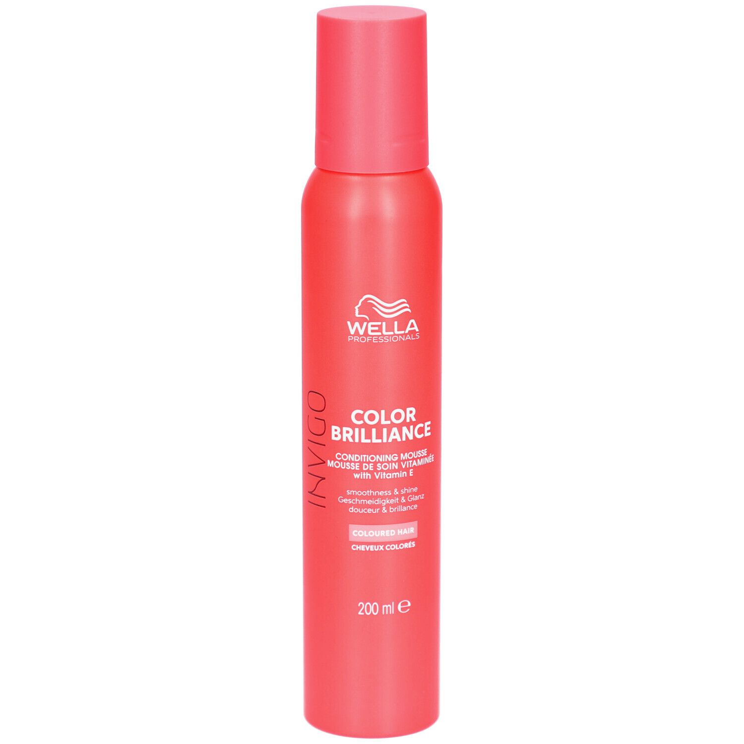Rote Sprühflasche mit weißem Etikett. Aufschrift: Wella, Color Brilliance, Conditioning Mousse, für coloriertes Haar. 200 ml.