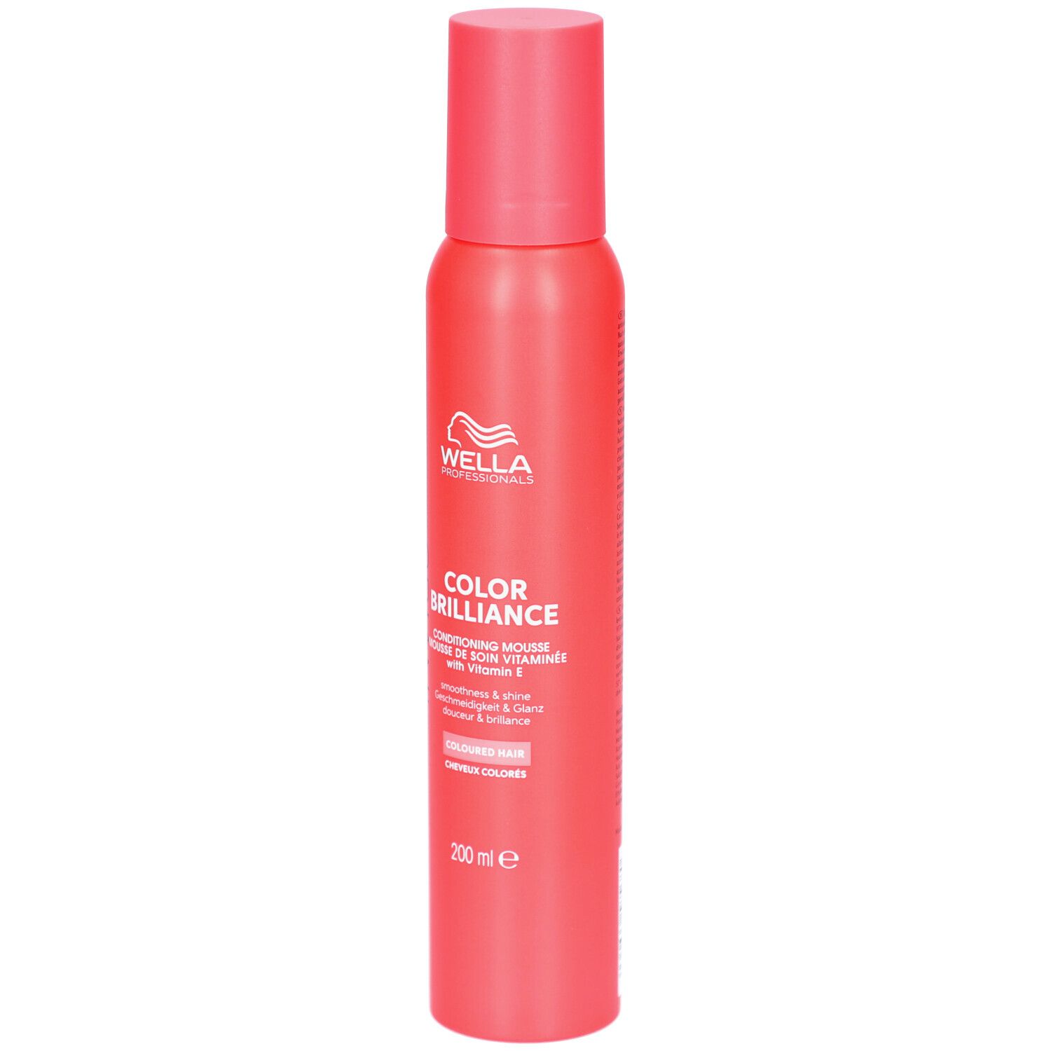 Rote Sprühflasche mit weißem Etikett. Aufschrift: Wella, Color Brilliance, Conditioning Mousse, für coloriertes Haar. 200 ml.