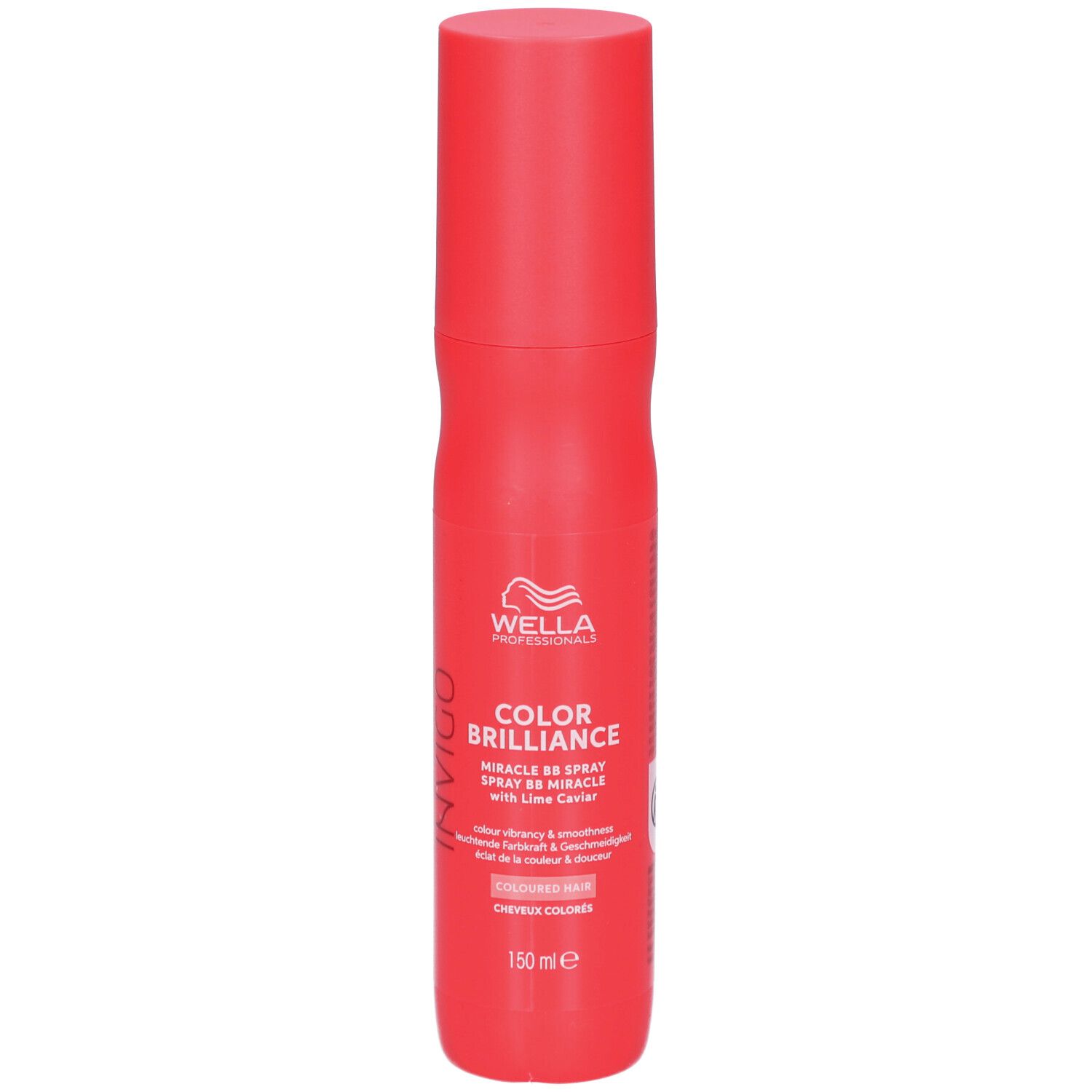 Rote Sprühflasche von Wella Invigo Color Brilliance. Enthält Text und Logo. Mit Deckel. 150 ml.