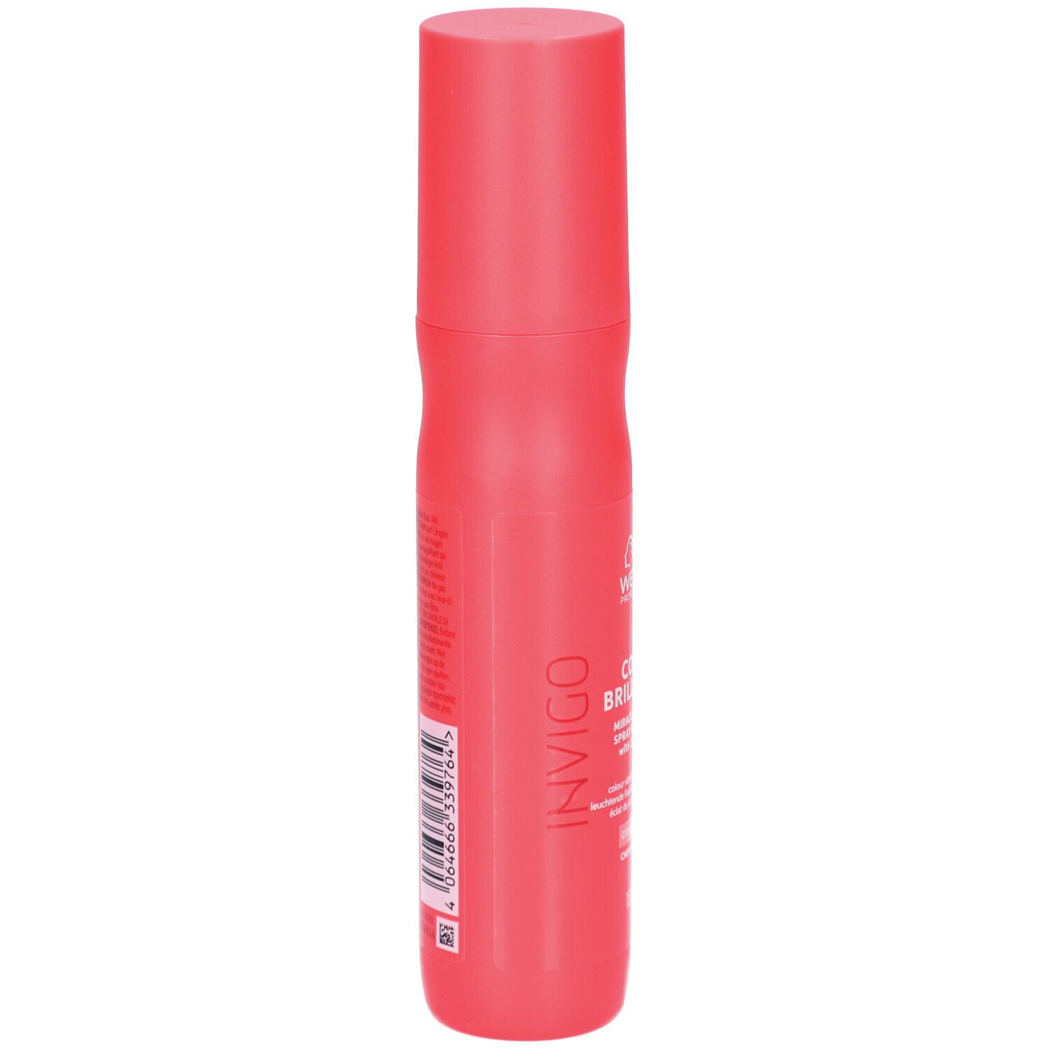Rote Sprühflasche von Wella Invigo Color Brilliance. Rückseite mit Text und Barcode.