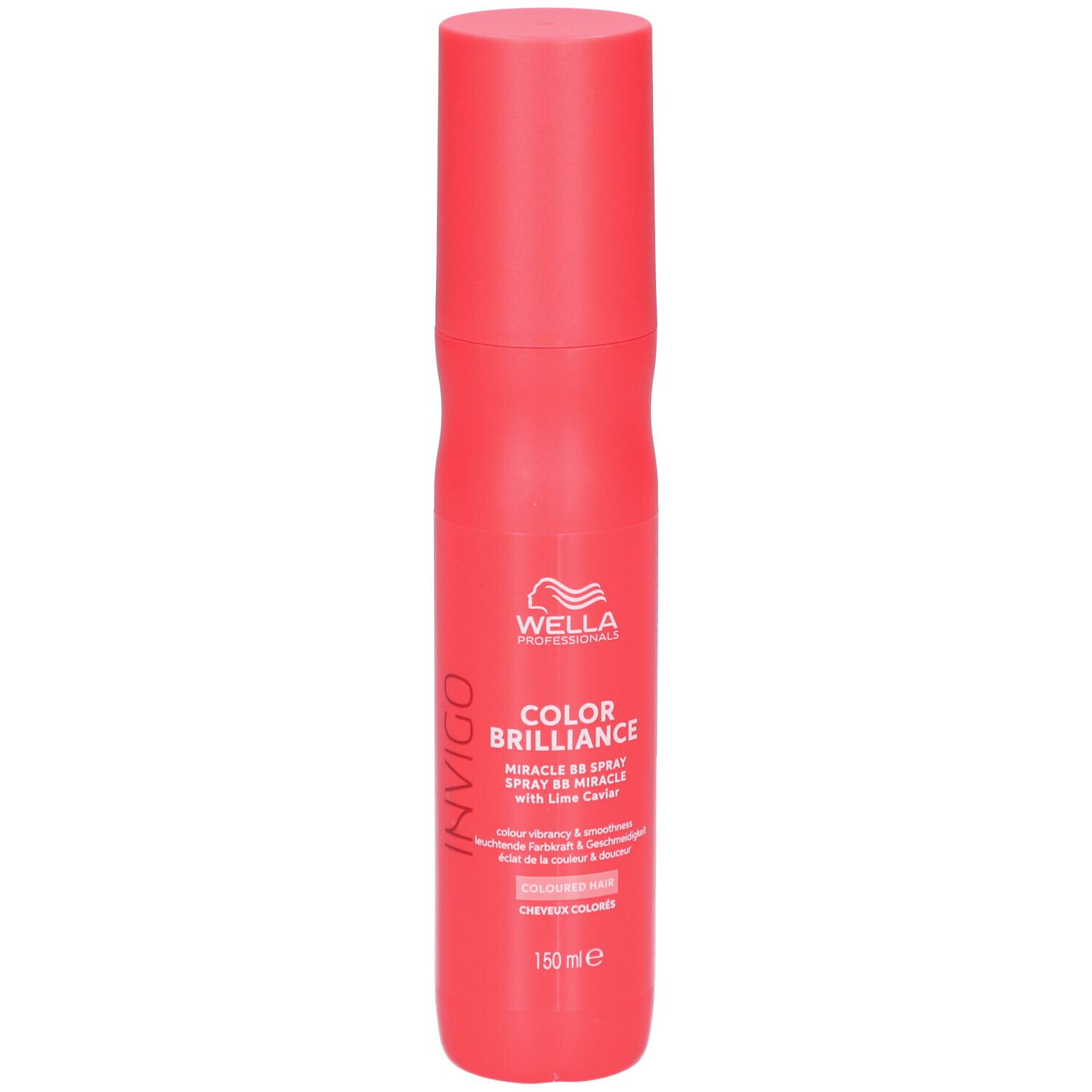 Rote Sprühflasche von Wella Invigo Color Brilliance. Enthält Text und Logo. Mit Deckel. 150 ml.