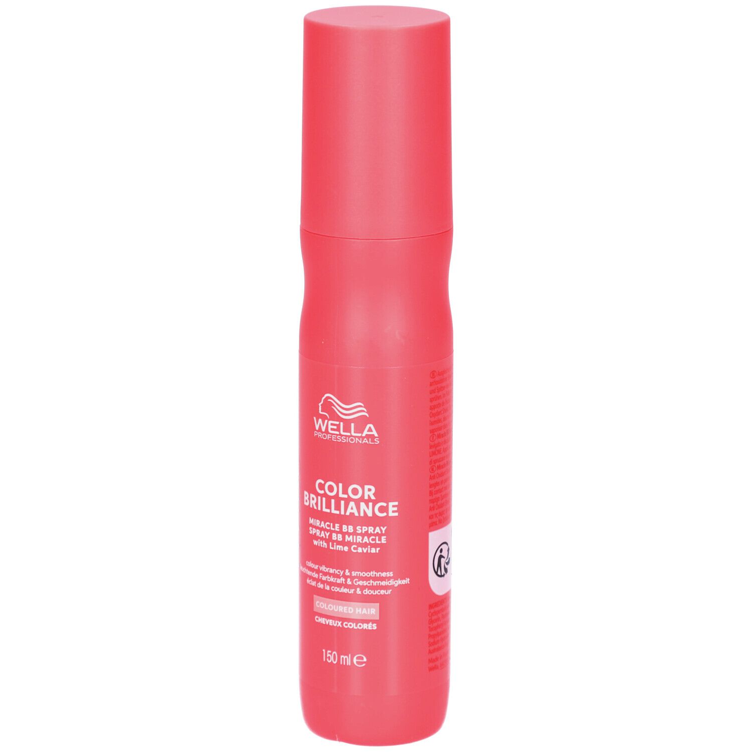 Rote Sprühflasche von Wella Invigo Color Brilliance. Enthält Text und Logo. Mit Deckel. 150 ml.