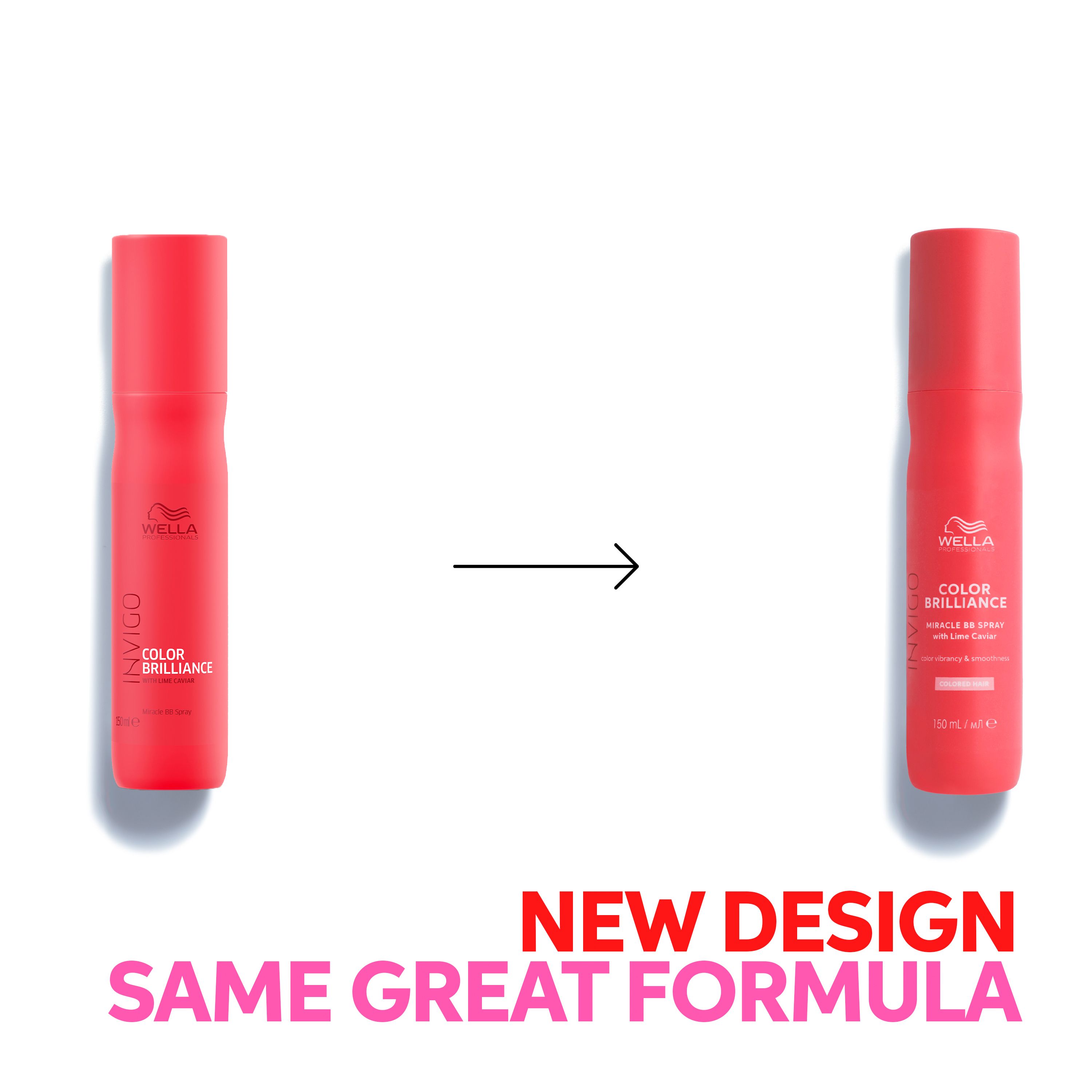 Deux flacons spray rouges Wella Invigo Color Brilliance. Texte : New Design, Same Great Formula.