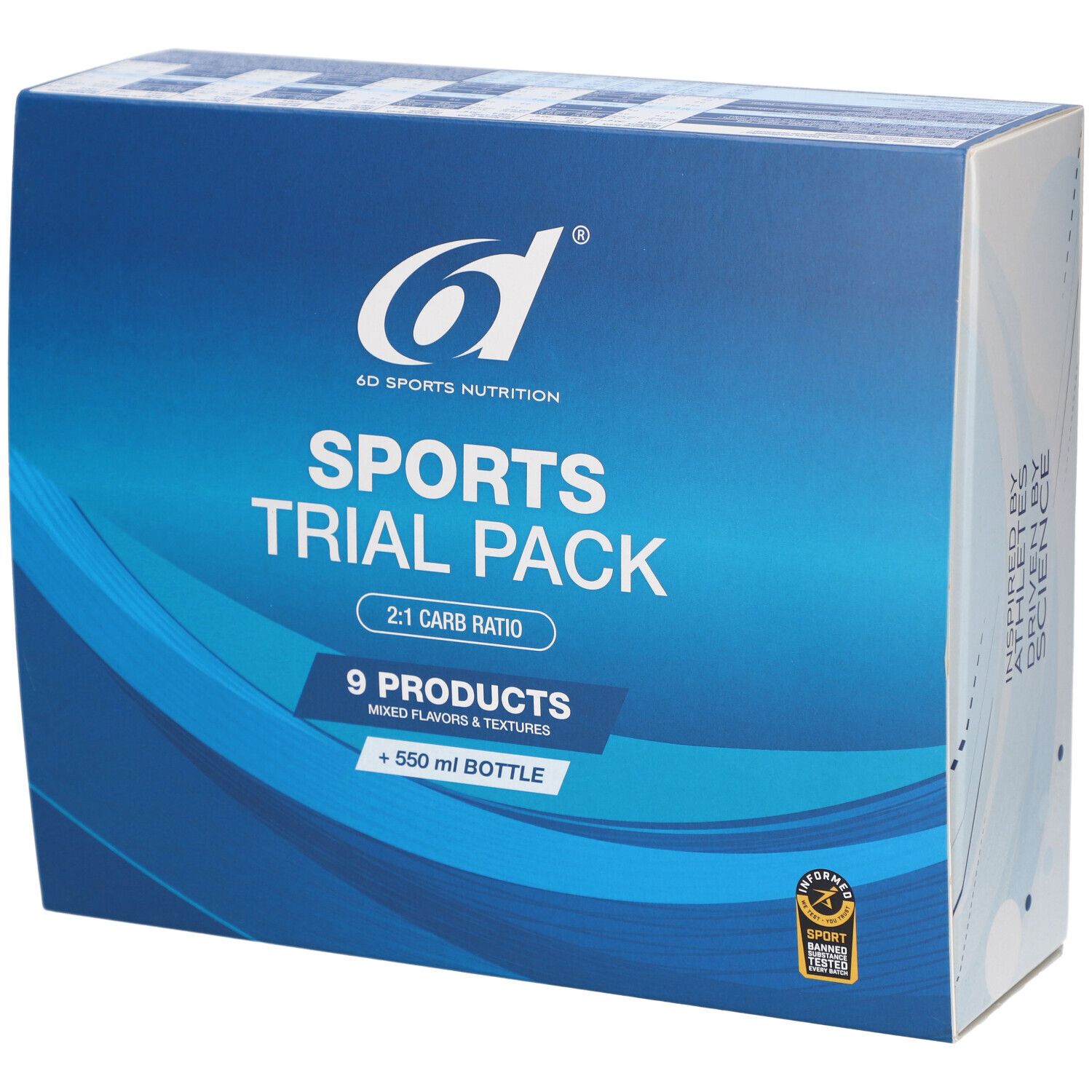 Blau-weiße Verpackung des 6d Sports Nutrition Sports Trial Pack. Enthält 9 Produkte und eine 550 ml Flasche. Mit Logo und Zertifizierung.