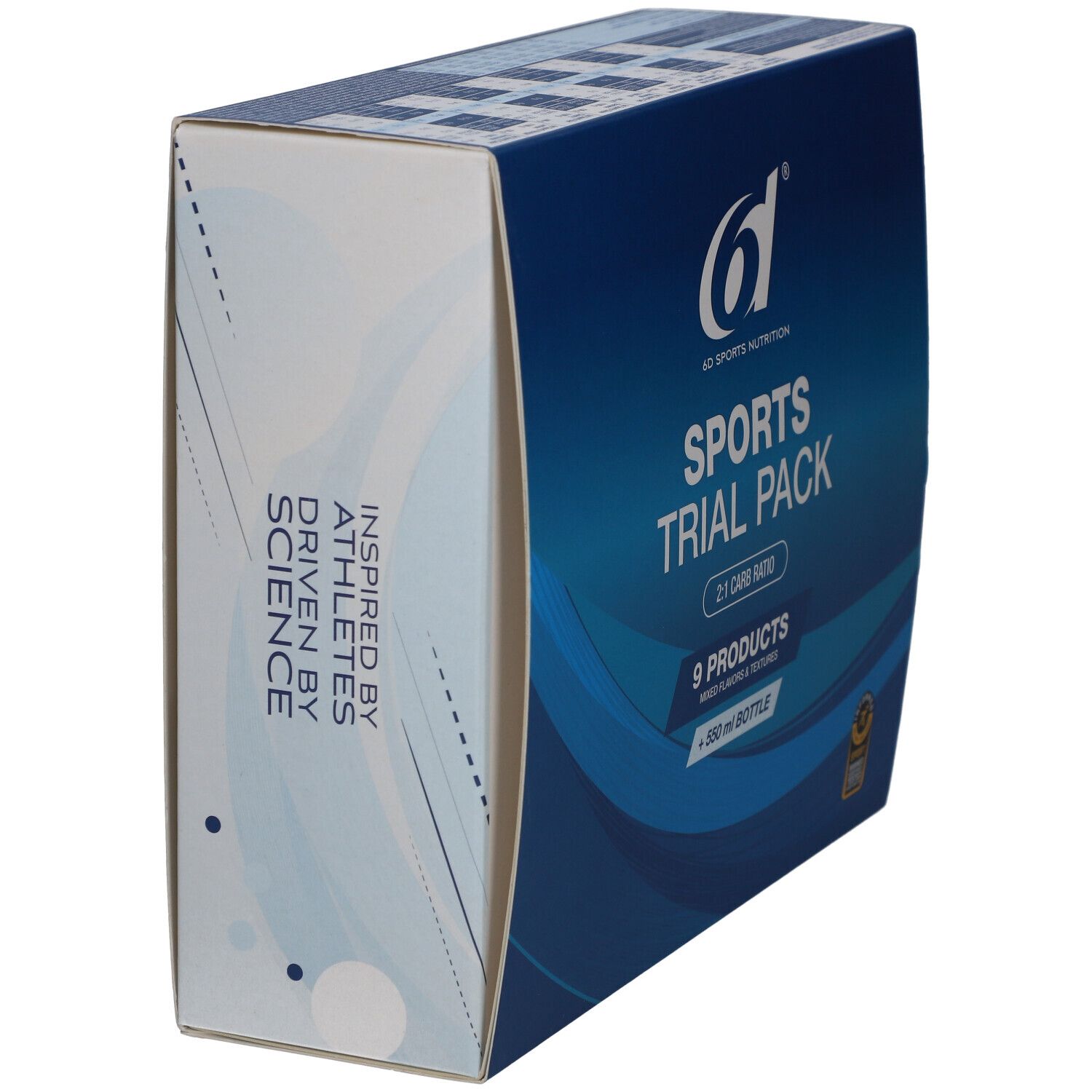 Seitenansicht der Verpackung des 6d Sports Trial Pack. Blau-weiß mit Logo und Text: 'Inspired by Athletes Driven by Science'.