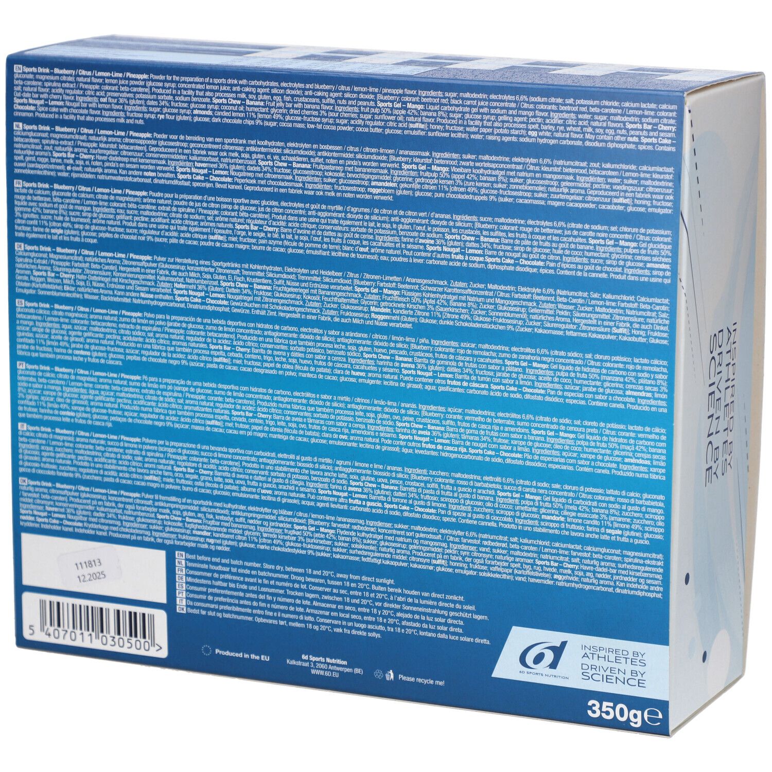 Rückseite der Verpackung des 6d Sports Trial Pack. Enthält Text in verschiedenen Sprachen. Gewicht: 350g.