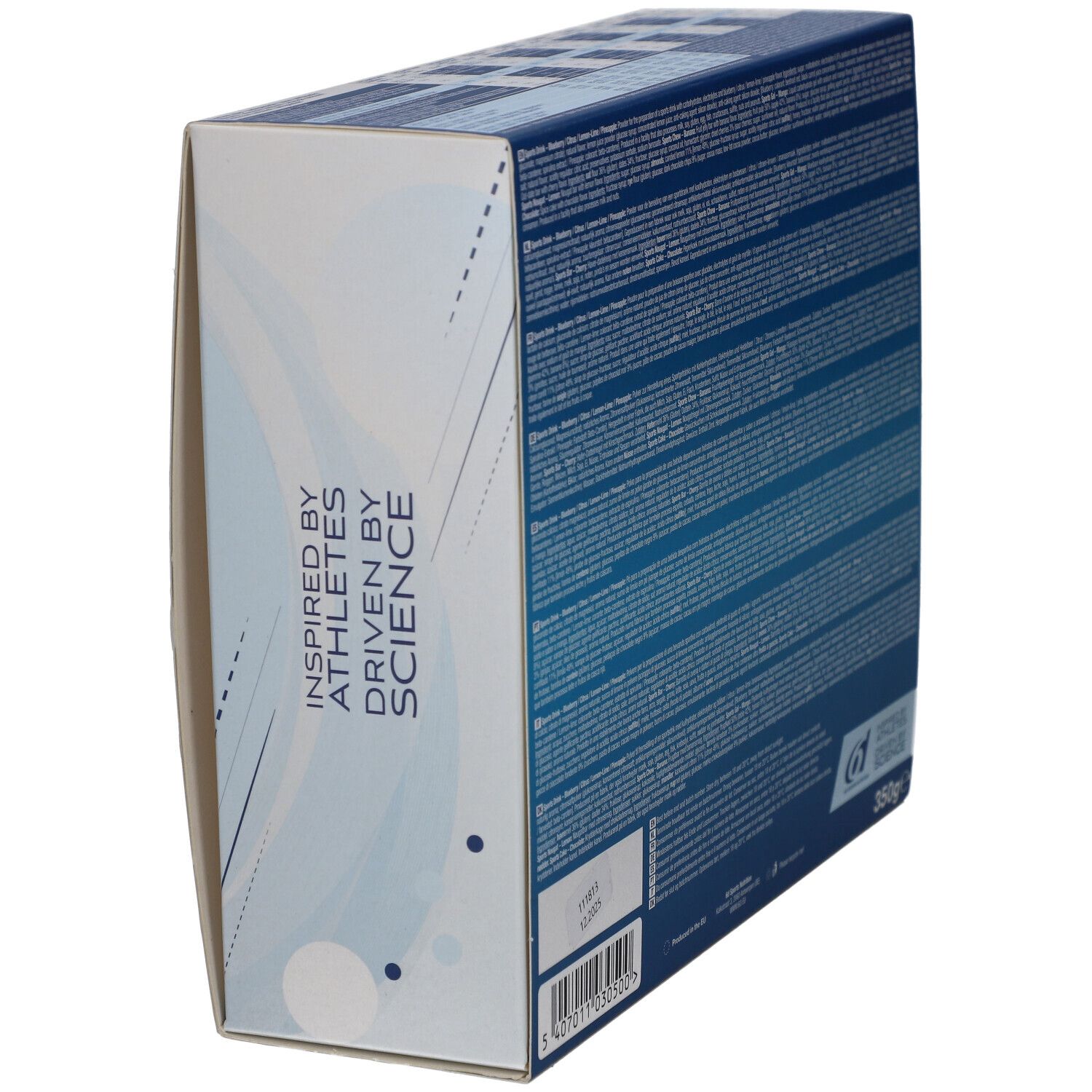 Seitenansicht der Verpackung des 6d Sports Trial Pack. Blau-weiß mit Text: 'Inspired by Athletes Driven by Science'. Gewicht: 350g.