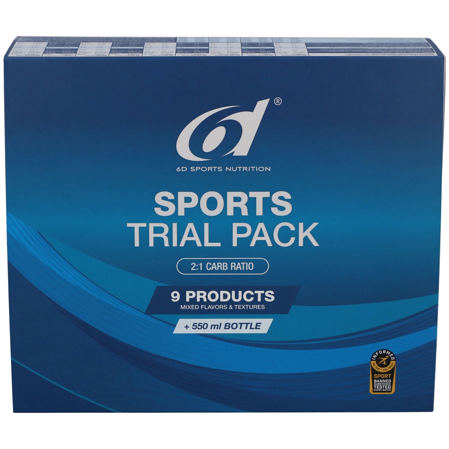 Vorderansicht der Verpackung des 6d Sports Trial Pack. Blau-weiß mit Logo, Produktname und Inhaltsangaben. Enthält eine Flasche.