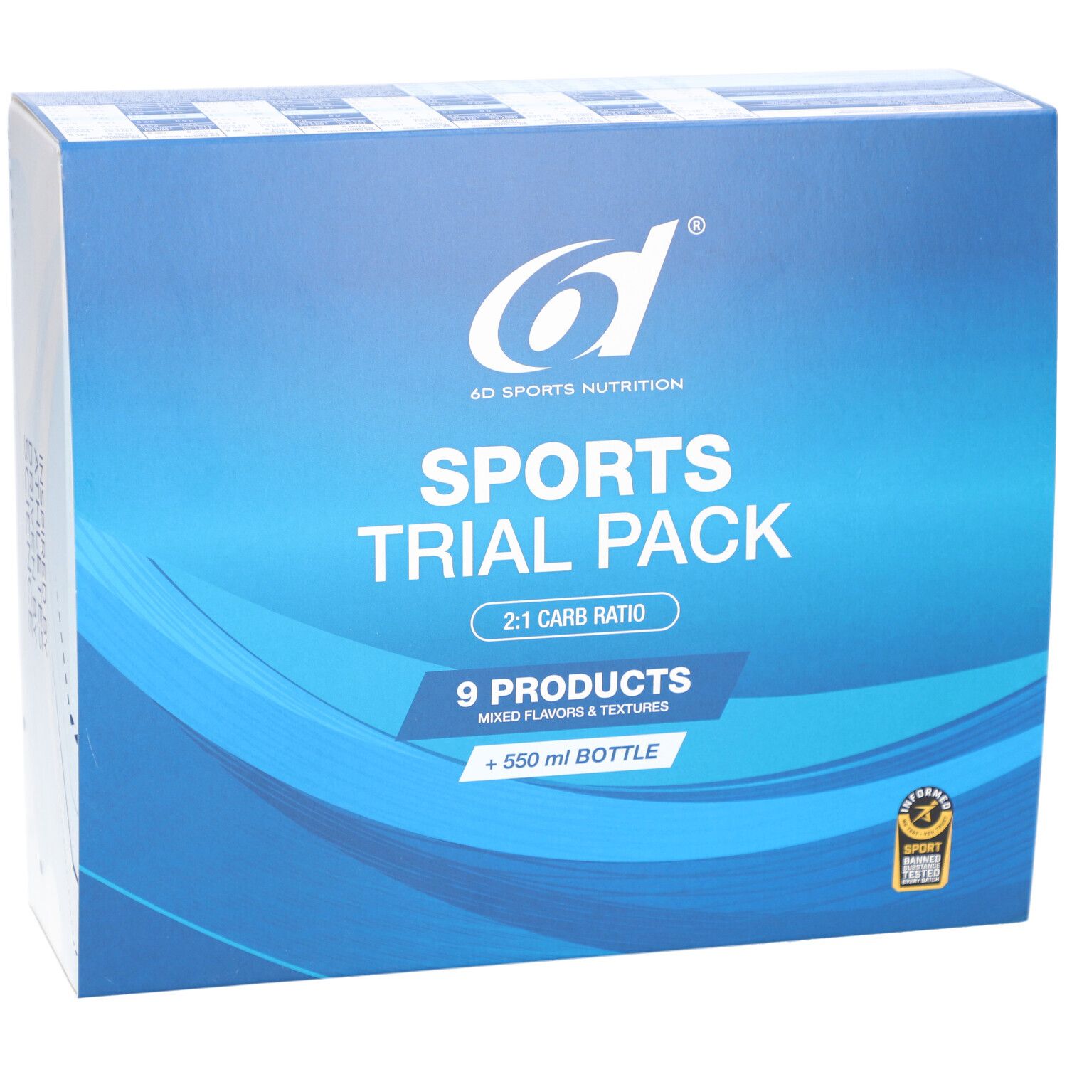 Vorderansicht der Verpackung des 6d Sports Trial Pack. Blau-weiß mit Logo, Produktname und Inhaltsangaben. Enthält eine Flasche.