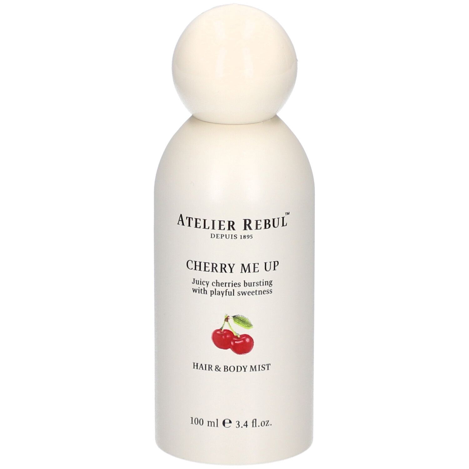 Weiße Flasche mit rundem Verschluss. Aufschrift: Atelier Rebul, Cherry Me Up, Hair & Body Mist. Kirsch-Illustration.