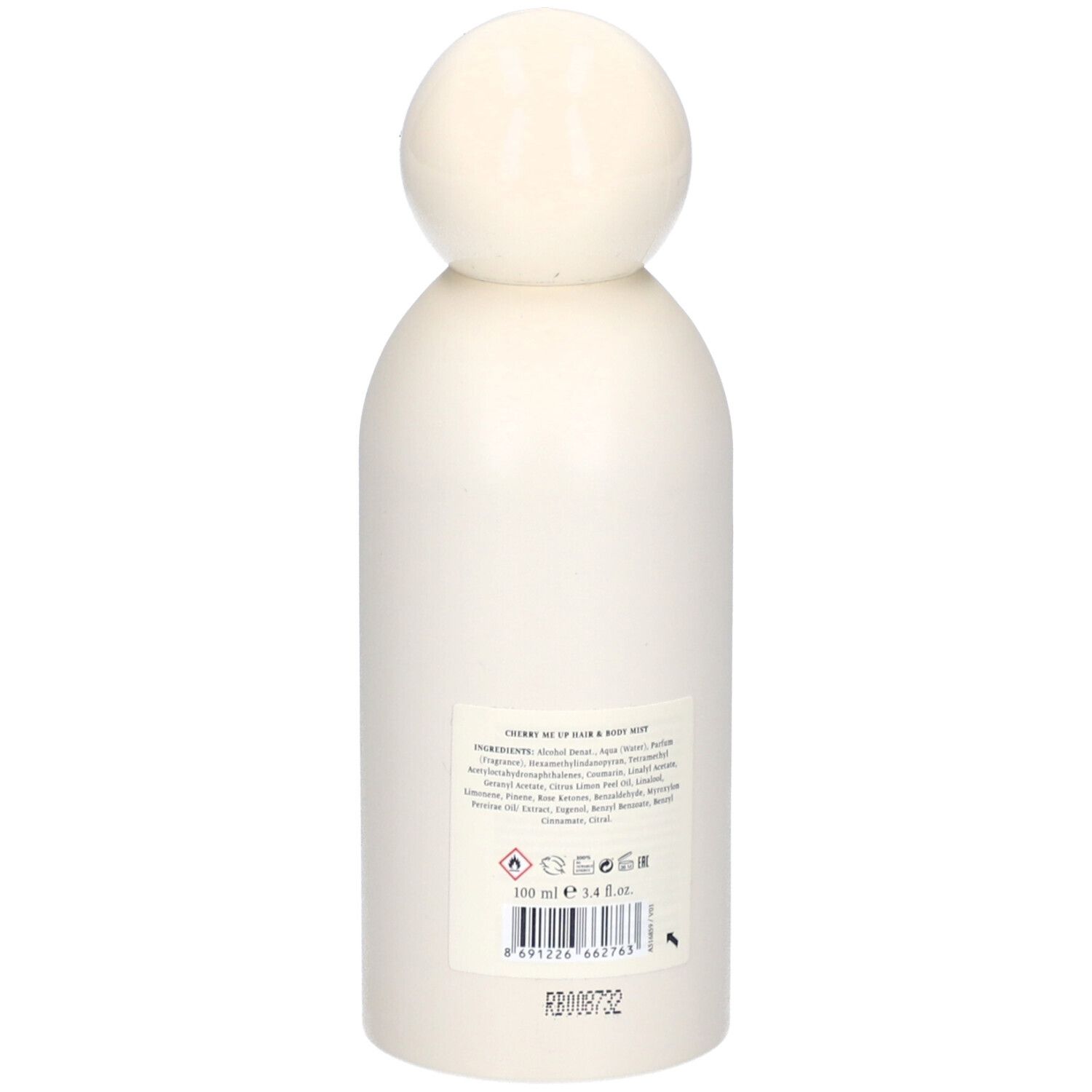 Weiße Flasche mit rundem Verschluss. Rückansicht. Aufschrift: Inhaltsstoffe, Warnhinweise, 100 ml e 3.4 fl.oz. RB008732.