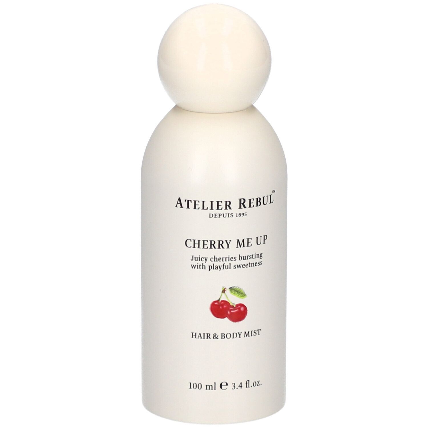 Weiße Flasche mit rundem Verschluss. Aufschrift: Atelier Rebul, Cherry Me Up, Hair & Body Mist. Kirsch-Illustration.