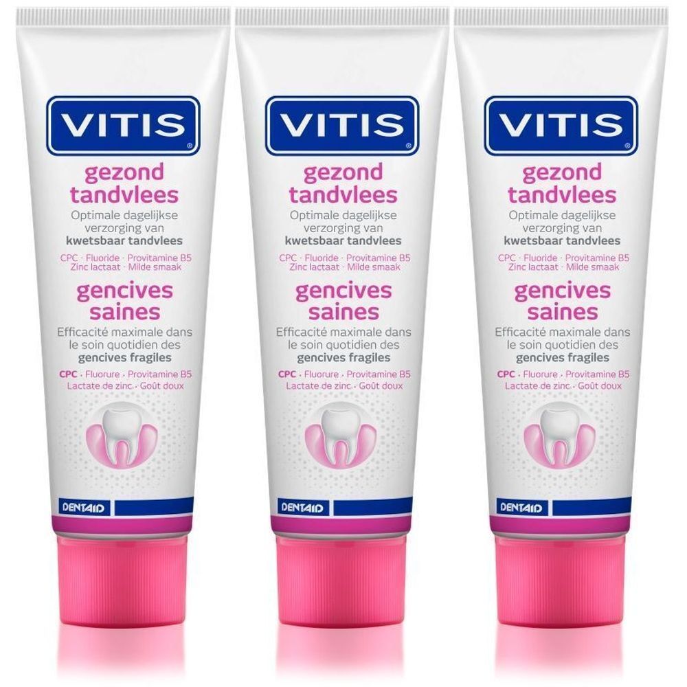 Trois tubes de dentifrice VITIS®. Tubes blanc et rose avec logo bleu et noms de produits. Bouchon rose. Inscription : gencives saines.