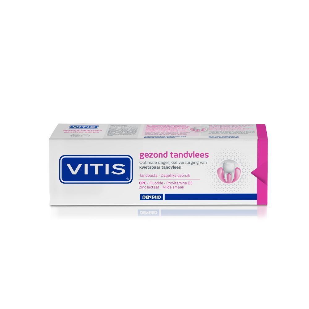 VITIS® Zahnpasta-Verpackung. Weiße Schachtel mit blauem Logo und Produktbezeichnungen. Rosa Akzente. Aufschrift: Gesundes Zahnfleisch.