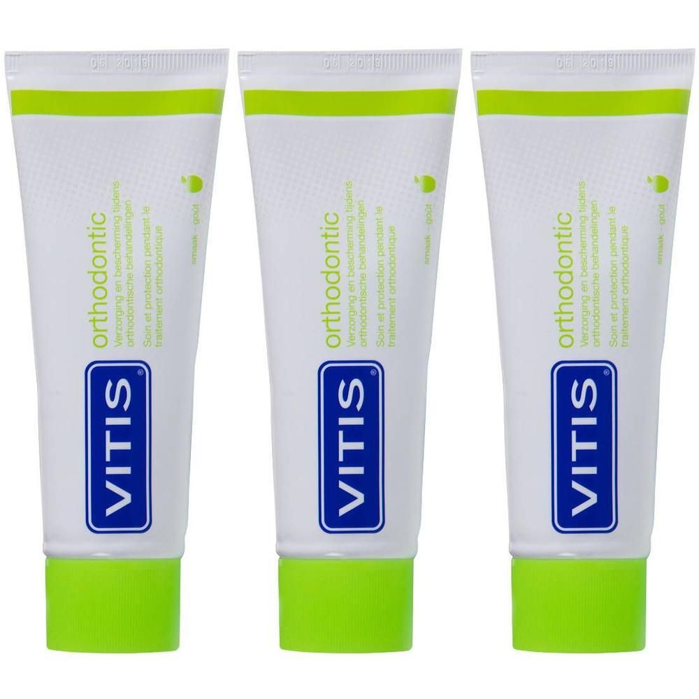 Zahnpasta-Tuben, weiß mit grünem Verschluss. Aufschrift: VITIS orthodontic.