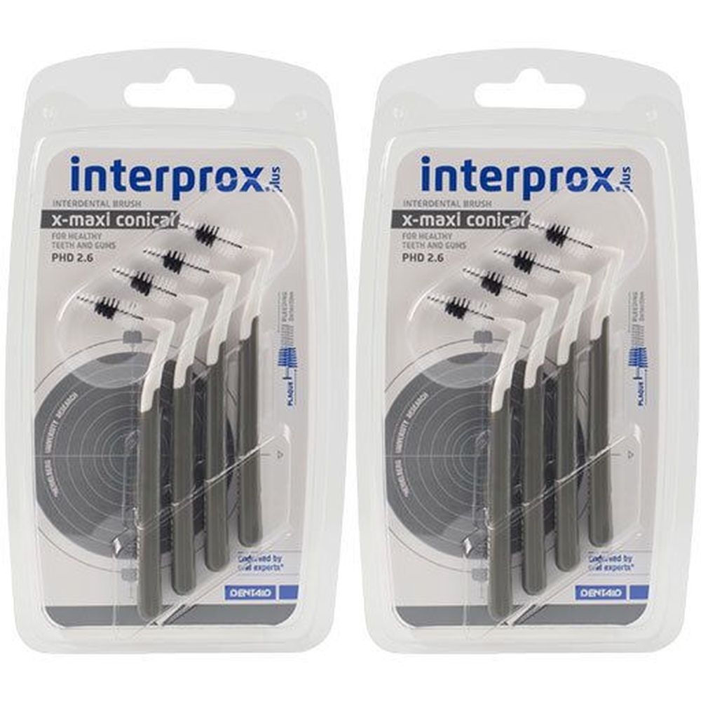Zwei Blisterpackungen mit Interdentalbürsten. Schwarze Borsten, weißer Griff, grauer Schaft. Verpackung mit Produktnamen und PHD 2.6.