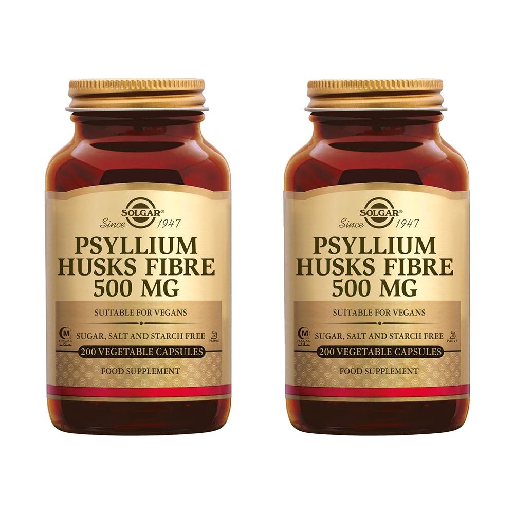 Deux flacons de Solgar Psyllium Husks Fibre 500 mg. Flacons en verre brun avec couvercles dorés et étiquettes.