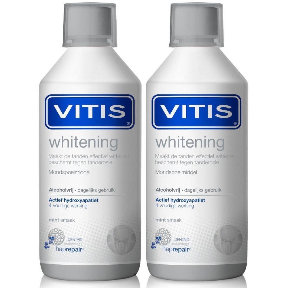 Deux flacons de bain de bouche VITIS whitening. Flacons blancs avec étiquette bleue. Bouchon gris.
