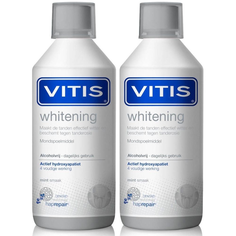 Deux flacons de bain de bouche VITIS whitening. Flacons blancs avec étiquette bleue. Bouchon gris.