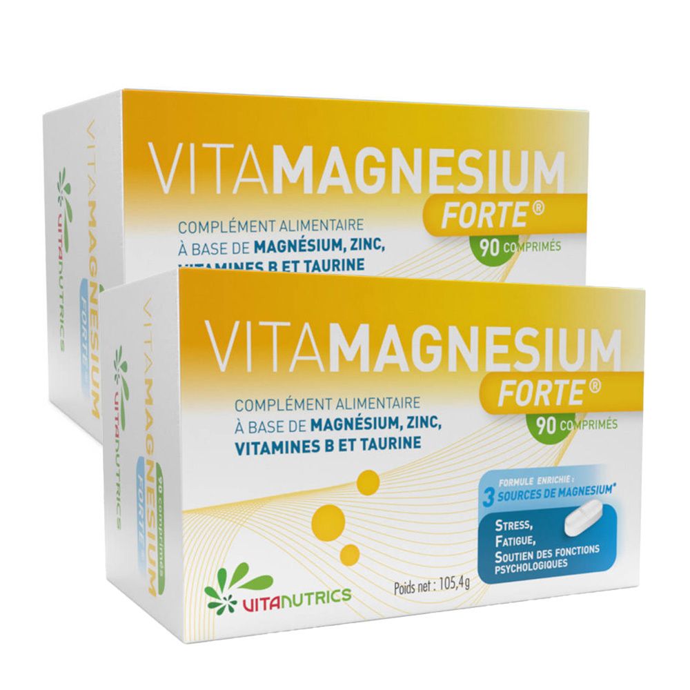 Deux boîtes de VitaMagnesium Forte. Boîtes blanches avec accents jaunes. Inscription: VitaMagnesium Forte, 90 comprimés. Logo Uitanutrics.