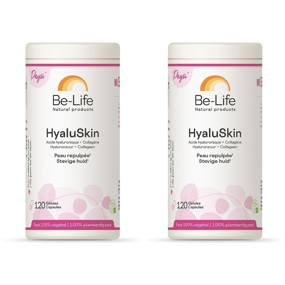 Zwei weiße Behälter mit rosa Etiketten. Aufschrift: Be-Life HyaluSkin, 120 Kapseln. Logo: Sonne und Regenbogen.