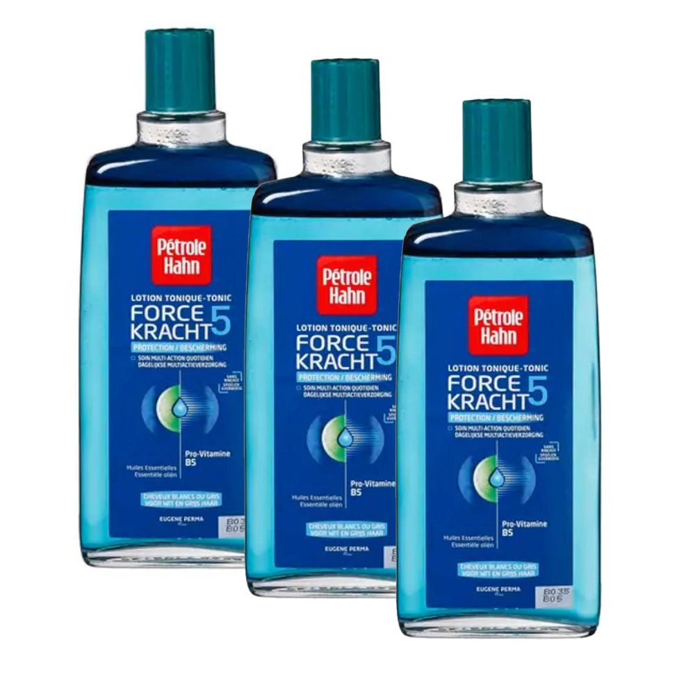 Trois flacons de Pétrole Hahn Force Kracht 5. Liquide bleu, bouchon turquoise. Inscription: Lotion Tonique, Pro-Vitamine B5.