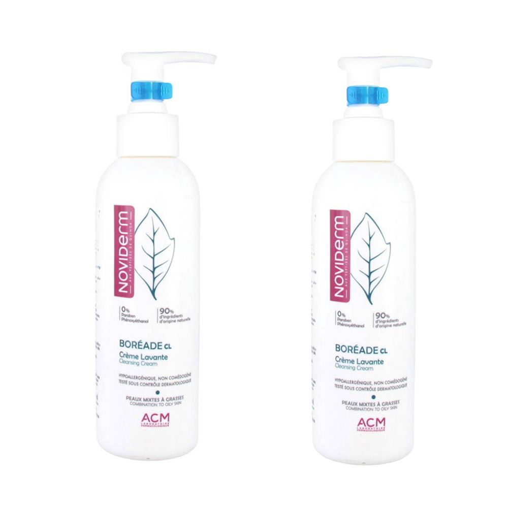 Zwei weiße Flaschen mit Pumpaufsatz. Auf jeder Flasche ist das Logo von Noviderm und der Schriftzug Boréade CL Creme Lavante zu sehen.