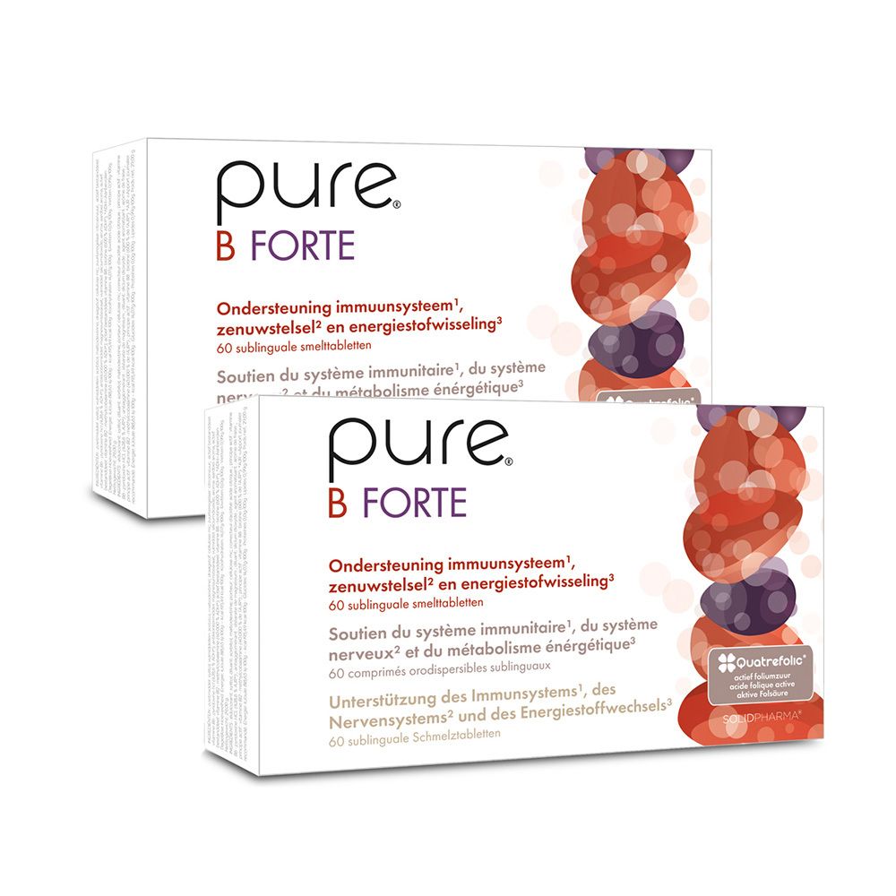 Deux boîtes de pure® B Forte. Emballage blanc avec nom et informations. Illustration de formes rouges et violettes.