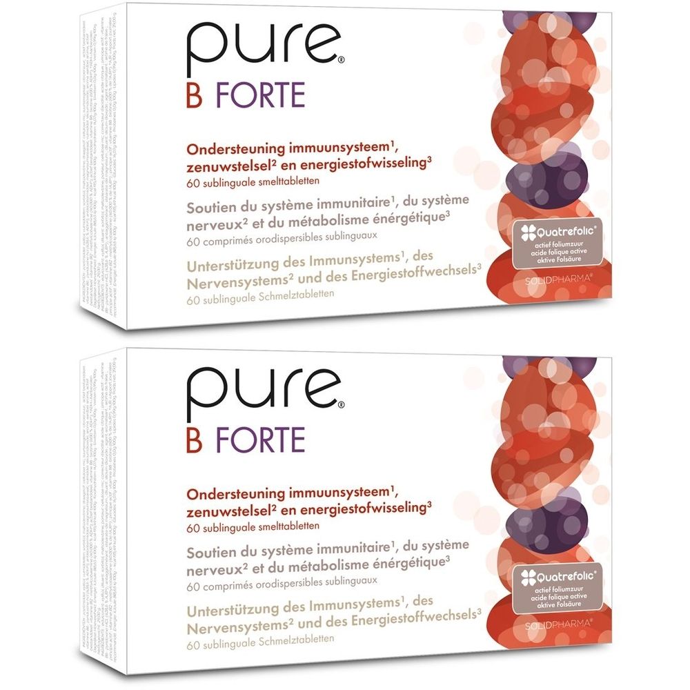 Zwei Schachteln pure® B Forte. Weiße Verpackung mit Produktnamen und Inhaltsangaben. Abbildung von roten und violetten Formen.