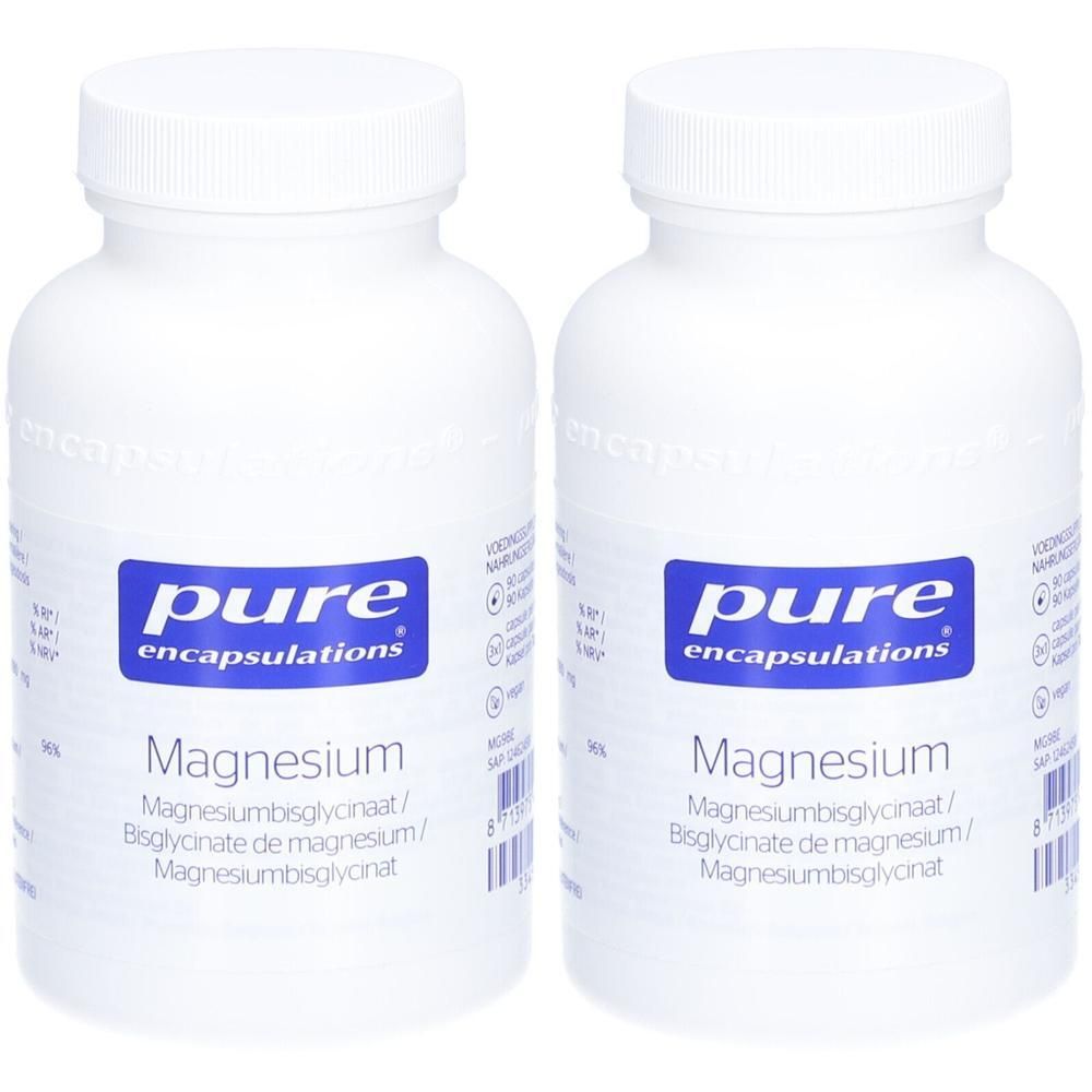 Zwei weiße Flaschen mit blauem Etikett. Aufschrift: pure encapsulations Magnesium. Magnesiumbisglycinat.