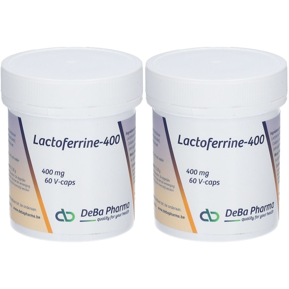 Zwei weiße Behälter mit Deckel. Aufschrift: Lactoferrine-400, 400 mg, 60 V-caps. Logo DeBa Pharma.