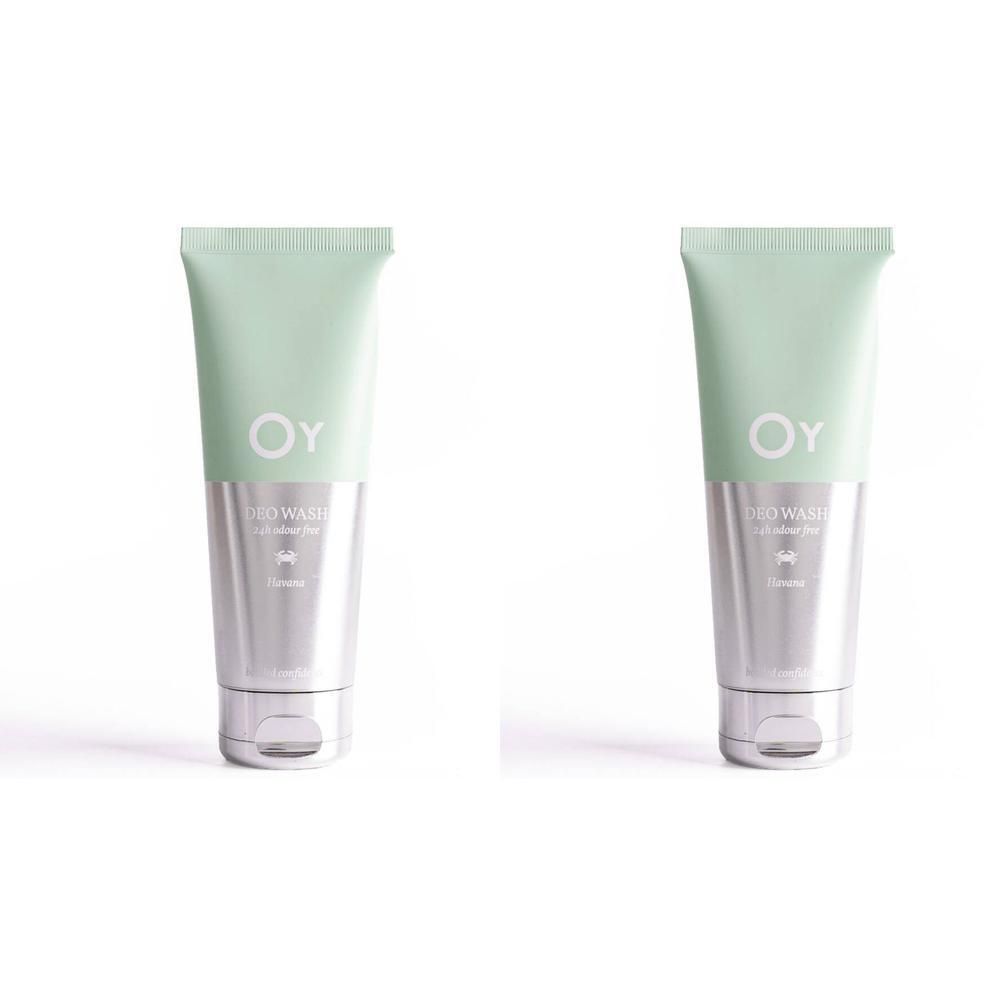 Zwei Tuben mit grünem Deckel und silbernem Körper. OY-Logo und Schriftzug "Deo Wash" sichtbar.