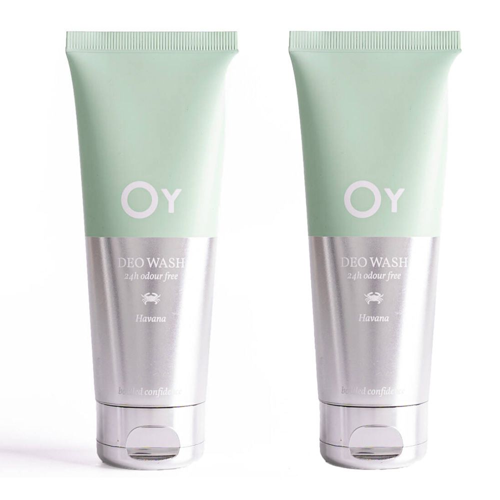 Deux tubes avec bouchon vert et corps argenté. Logo OY, "Deo Wash" et "24h odour free" visibles.