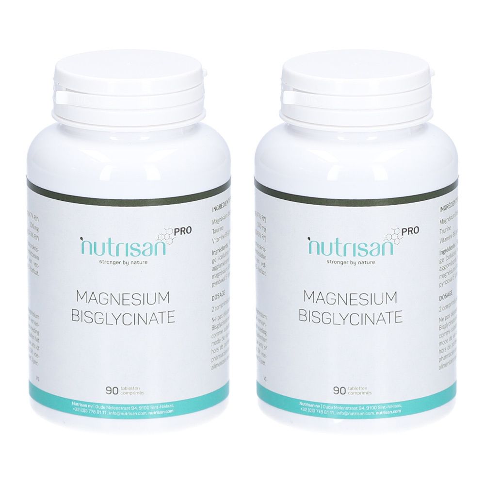 Deux flacons blancs avec étiquette "Nutrisan Pro Magnesium BisGlycinate". Chaque flacon contient 90 comprimés.