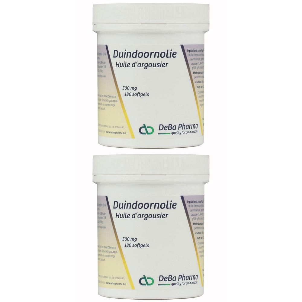 Zwei weiße Behälter mit Deckel. Aufschrift: Duindoornolie, 500 mg, 180 Softgels. DeBa Pharma Logo.