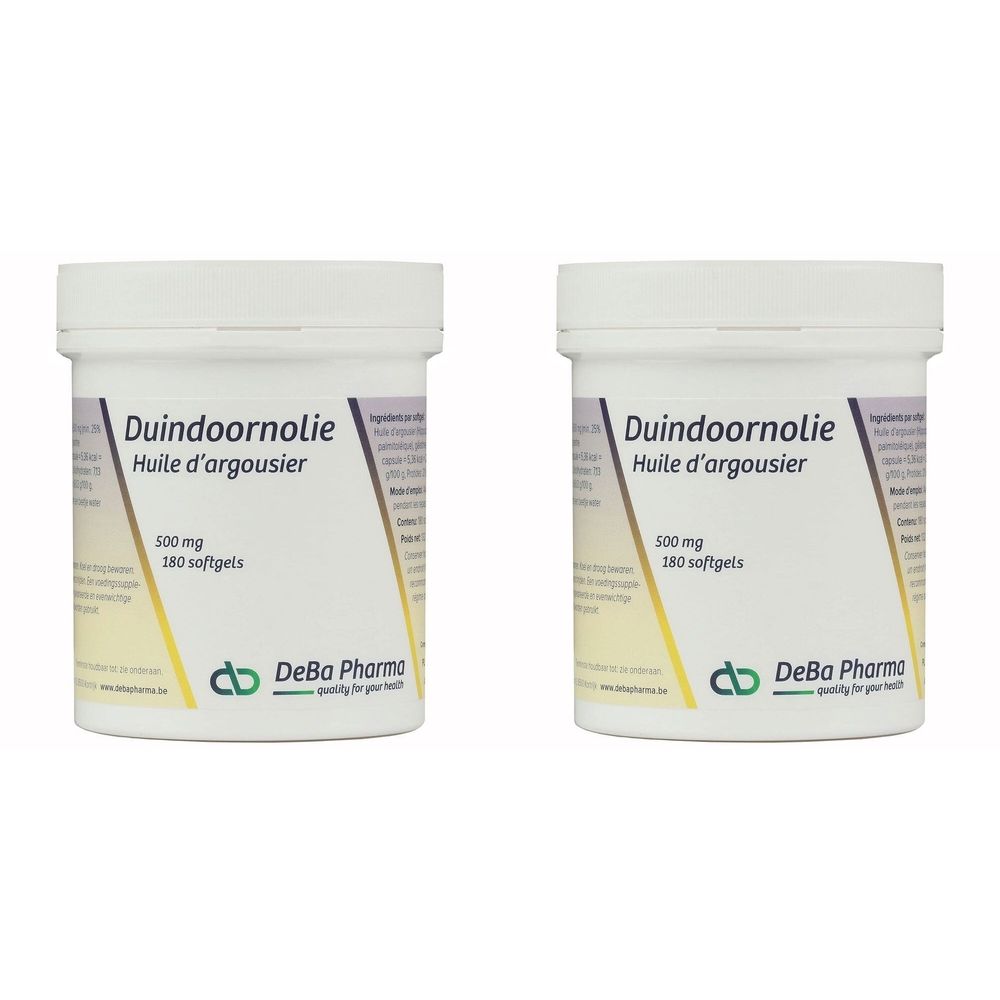 Deux pots blancs avec couvercles. Inscription: Duindoornolie, 500 mg, 180 softgels. Logo DeBa Pharma.